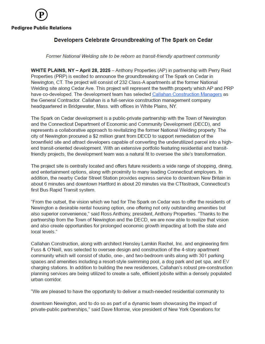 Spark on Cedar Groundbreaking Press Release